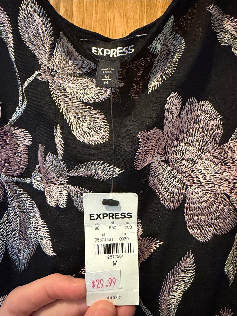 Express Black Sheer Bodysuit with Lavender Floral Embroidery - Picture 2 of 5